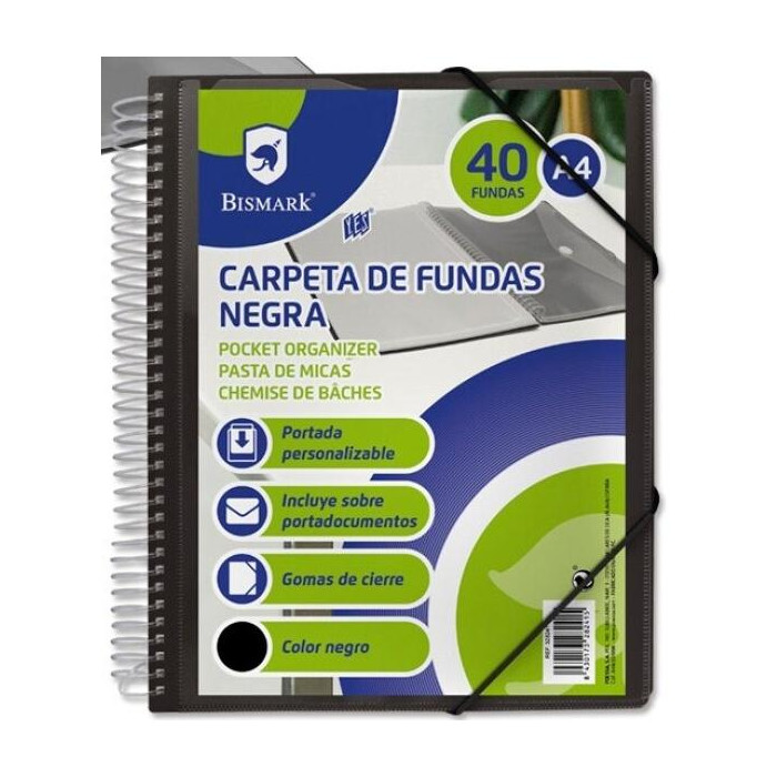 Carpeta Clasificadora con Espiral, Fundas de Plástico, 40 Fundas Negro A4,