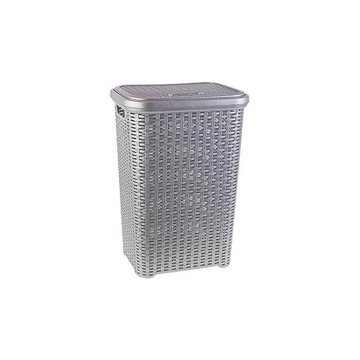 Cesta de Ropa pongotodo con Tapa 60 litros cesto Mimbre Rattan (Plata)