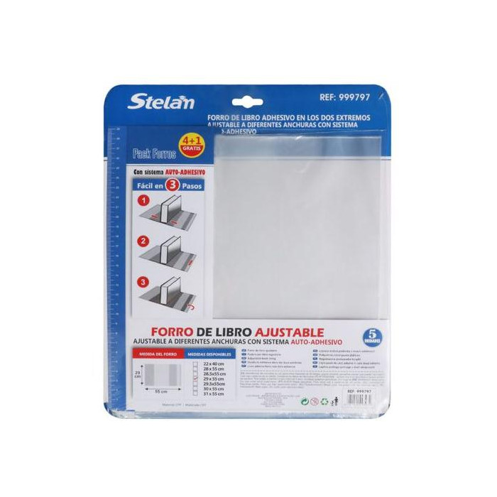 Forro de Libros 29x55 cm Autoadhesivo y Ajustable Transparente Adhesivo en los dos Extremo - Pack de 5 Unidades
