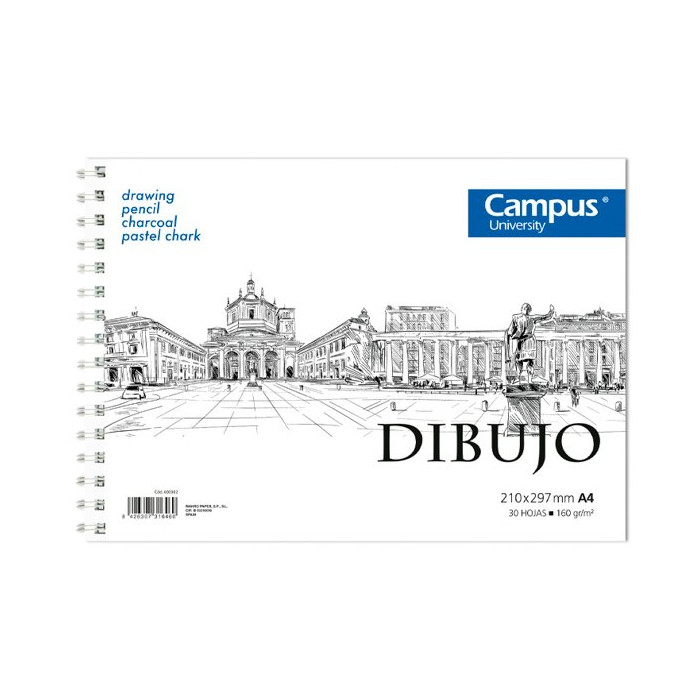 Bloc de Dibujo Campus University A4 Espiral 30 Hojas 160g. Liso