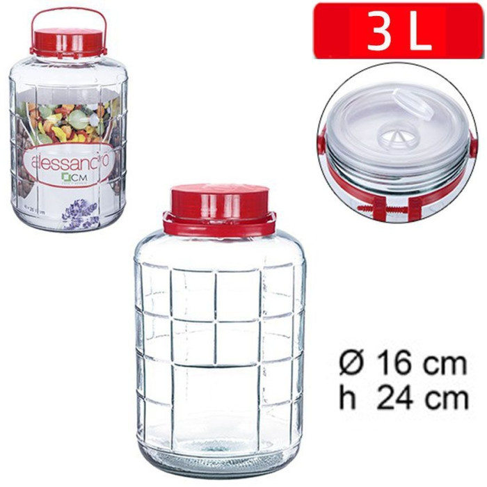 Tarro de cristal cilíndrico con tapa roja y asa muy resistente, Garrafa de vidrio 25 x 15 cm