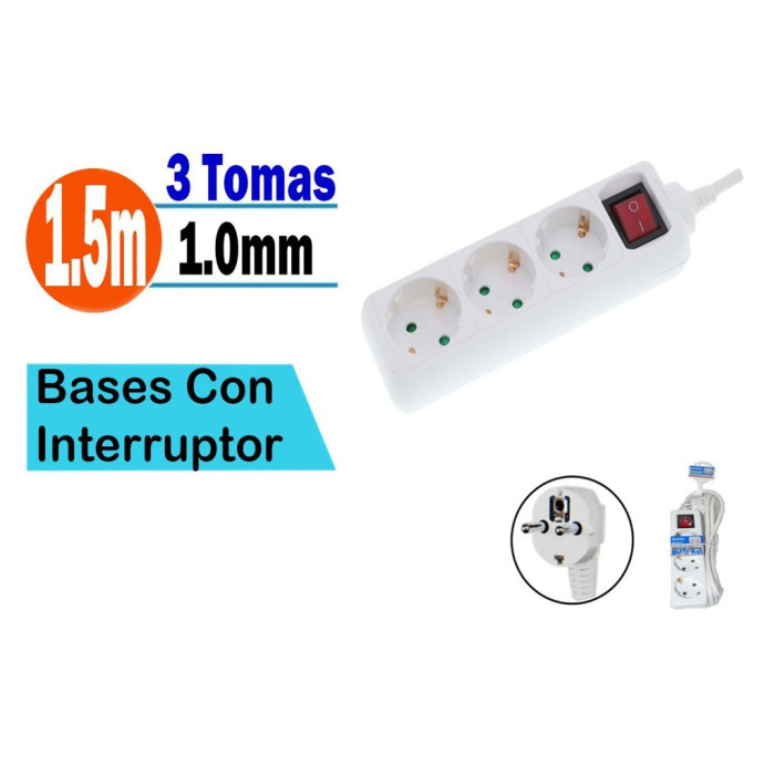 Regleta con interruptor 3 tomas. Cable Alargador. Base de 3