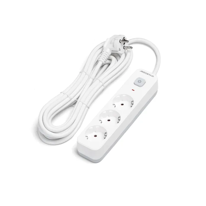 Regleta Enchufes, Alargador Enchufe de 3 Enchufes con Interruptor, Cable de 5 Metros, Blanco
