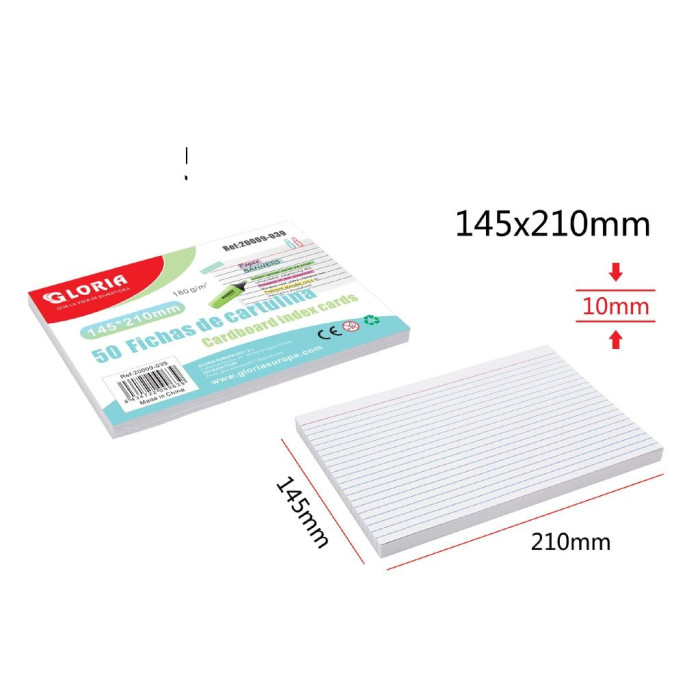 Ficha de Cartulina 50Hojas 145x210mm 180 grm ,Rayado Horizontal
