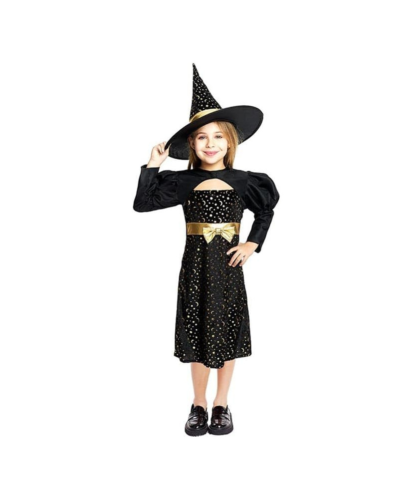Disfraz de Bruja Elegante negro y dorado con lazo para niña