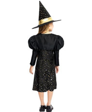 Disfraz de Bruja Elegante negro y dorado con lazo para niña