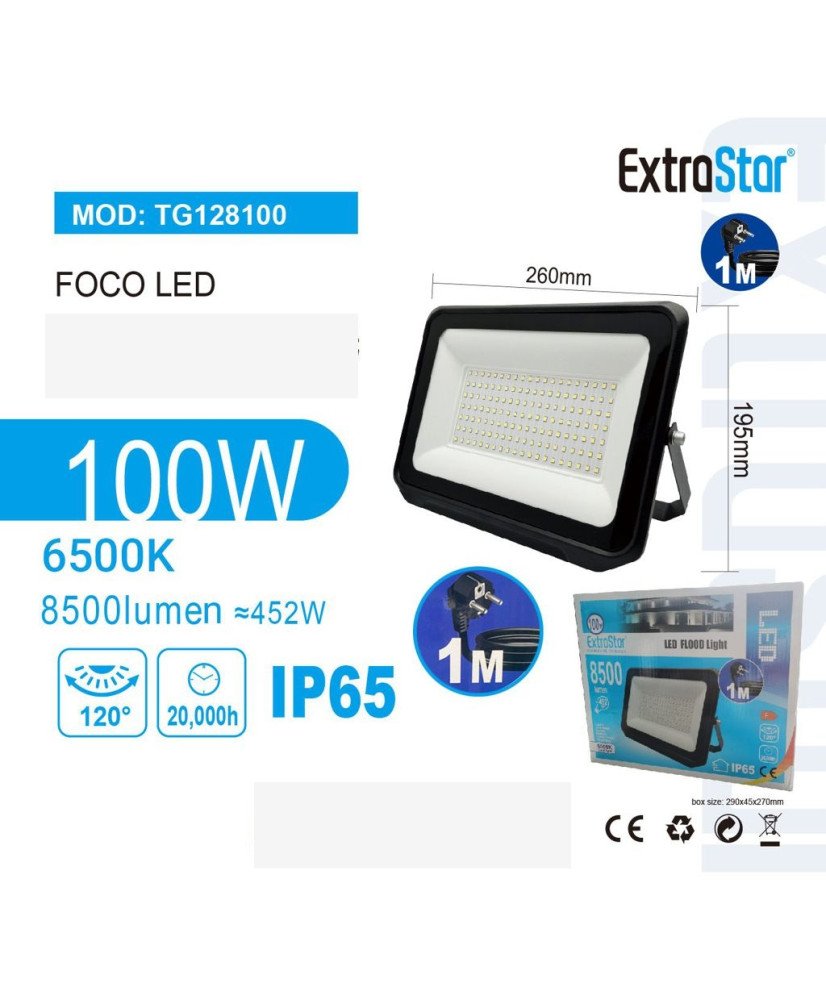 LED Exterior 100W 8500 lúmen, 6500K Luces LED Exterior Blanco Frío 5000K, Ángulo de Haz 120°, Luz de Seguridad Impermeable IP65