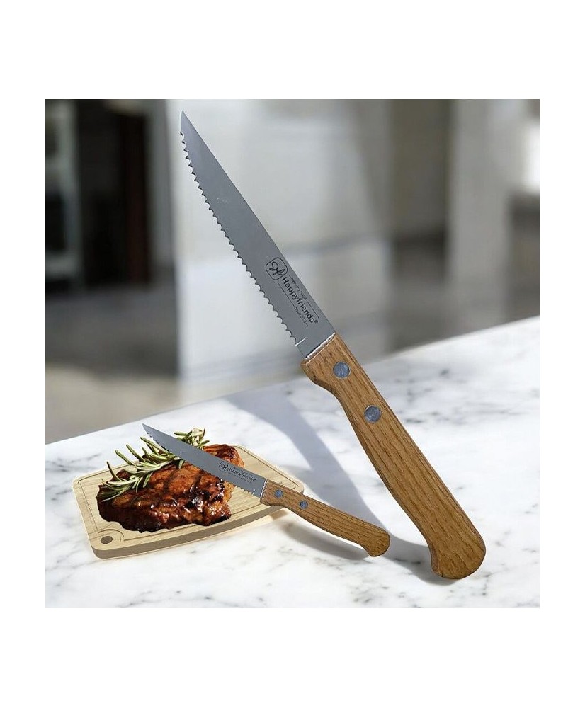 Cuchillos de mesa con mango de madera natural, Cuchillo de Carne Acero Inoxidable - Hoja de Sierra