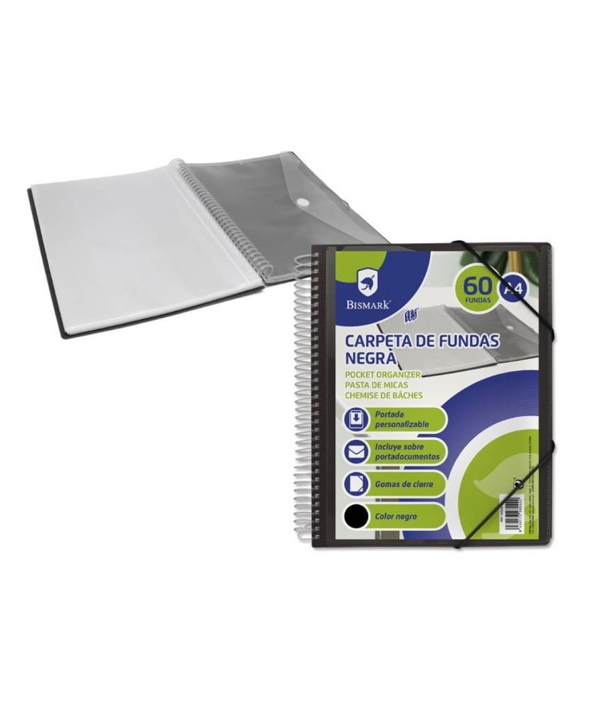 Carpeta Clasificadora con Espiral, Fundas de Plástico, 60 Fundas Negro A4,