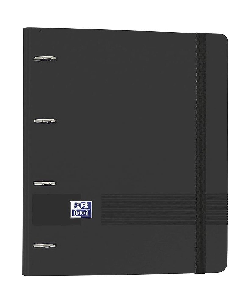 Archivador Oxford 4 Anillas A4+ Plástico Polyfoam con Goma - Incluye Recambio Cuadrícula 5x5 - Color Negro