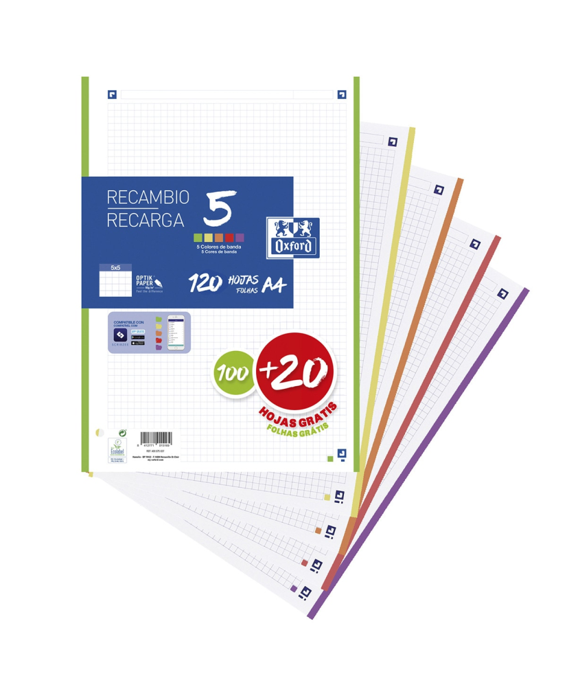 Recambio 100+20 Hojas Paquete A4 5X5 Oxford 5 Colores Banda Vivos - Promo