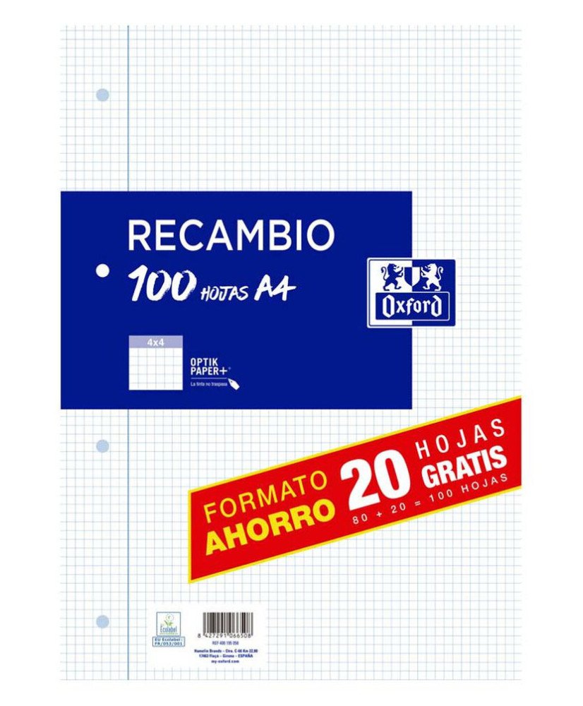 Oxford, Hojas Cuadriculadas A4 Recambio, 100+20 hojas. Cuadrícula 4x4.