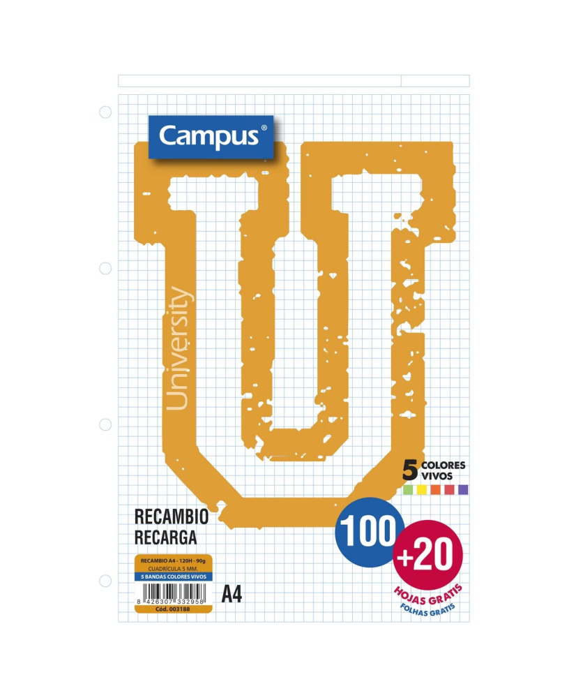 Recambio Campus A4 100 + 20 Hojas 90G Cuadrícula 5 mm Bandas Colores Vivos
