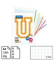 Recambio Campus A4 100 + 20 Hojas 90G Cuadrícula 5 mm Bandas Colores Vivos