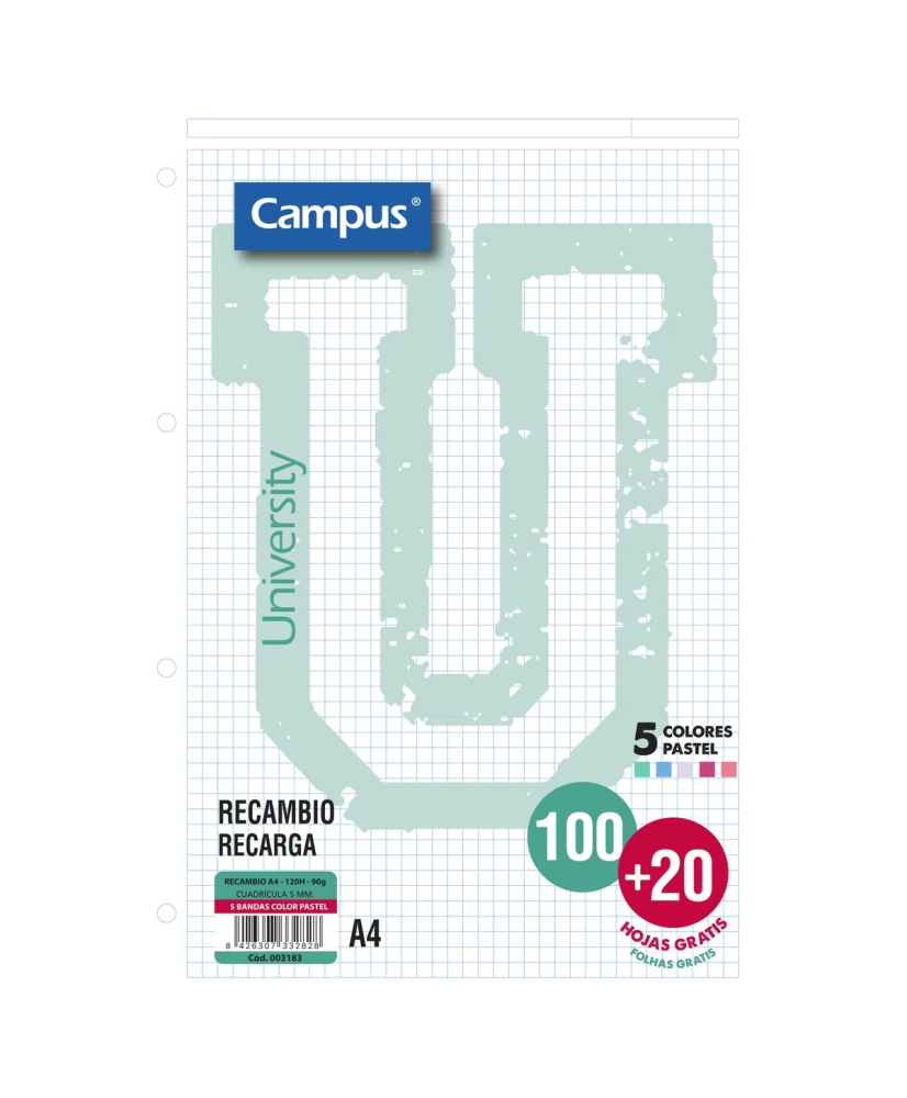 Recambio A4 100 + 20 Hojas 90g cuadrícula 5x5 mm Campus bandas colores pastel