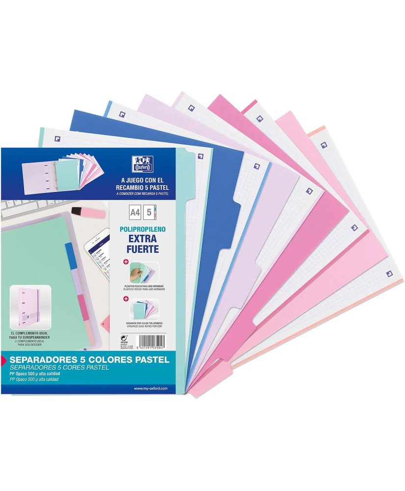 Oxford Strongline, Separadores Archivador 4 anillas A4, Plástico Opaco, 5 Posiciones, 4 Taladros, 5 Colores Pastel