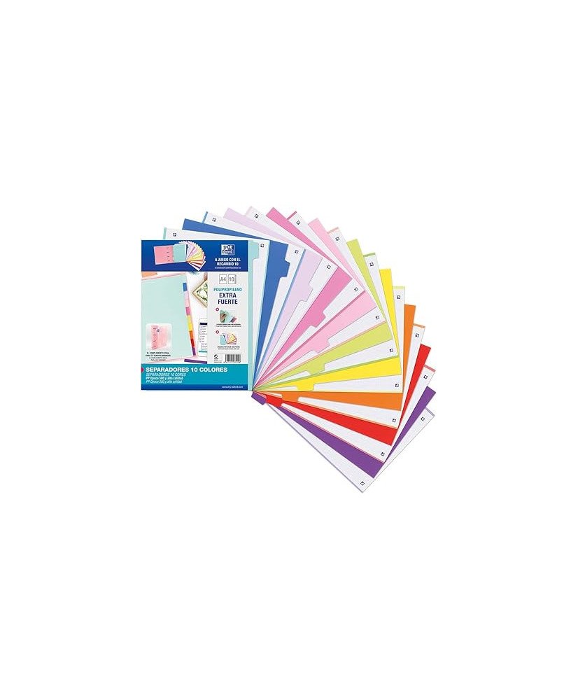 Oxford Strongline, Separadores Archivador 4 anillas A4, Plástico Opaco, 10 Posiciones, 4 Taladros, 10 Colores