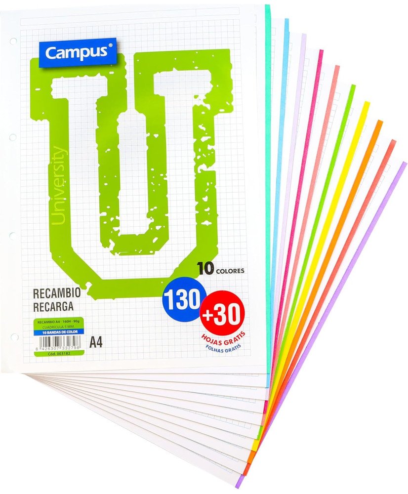Campus-Hojas cuadriculadas A4 Recambio ,  10 Banda colores, 160 Hojas, Cuadrícula 5x5, Multicolor