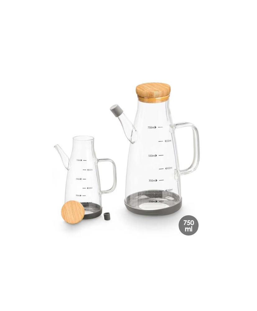 Vivalto Aceitera de Vidrio Borosilicato Transparente para Aceite con Tapa de Bambú y Sello de Silicona, 750 ml, 17x21x10 cm