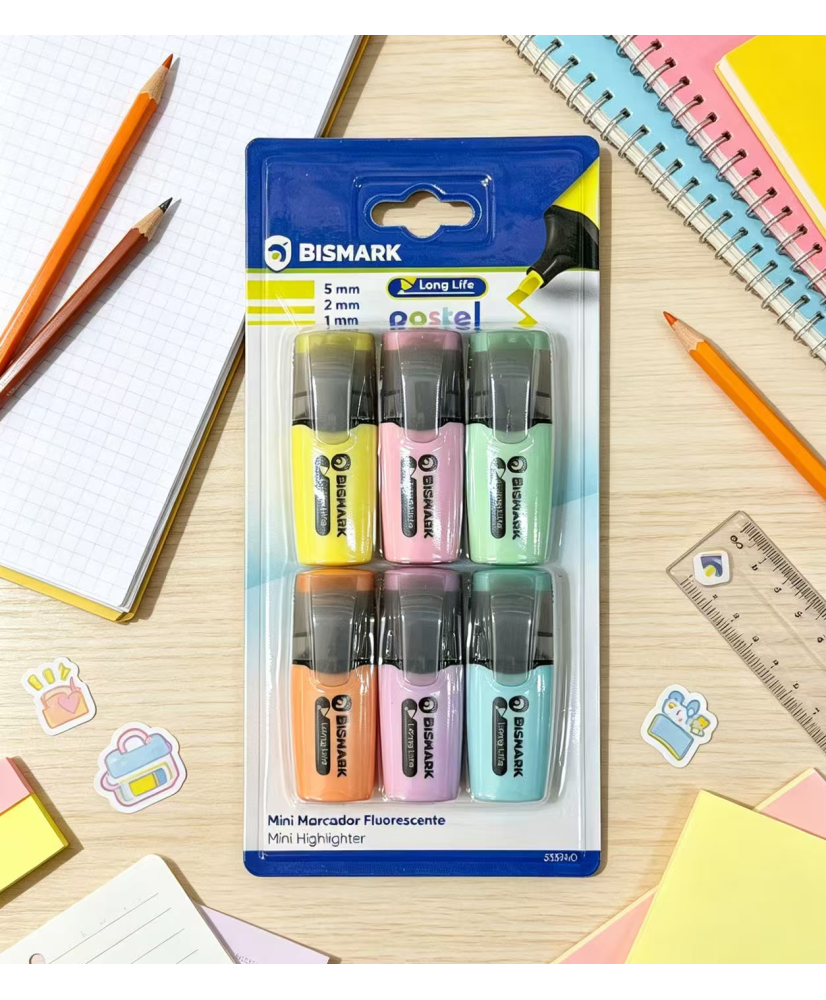 Bismark Long-Life Pack de 6 Mini Marcadores Fluorescentes