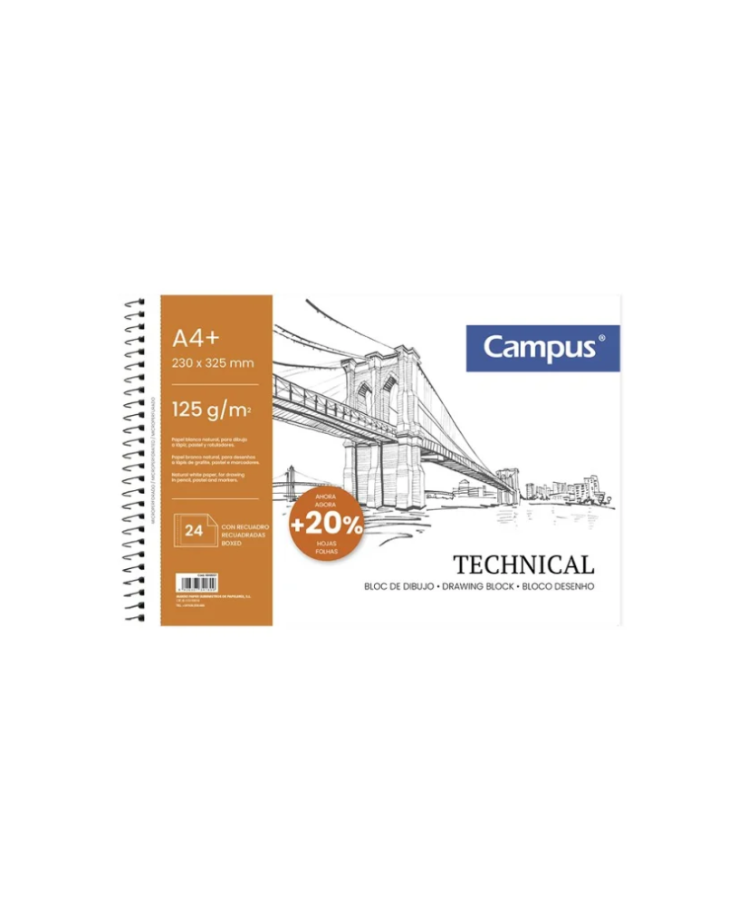 Bloc de Dibujo Campus Drawing A4+ Espiral Microperforado 24 Hojas 125g con Recuadro