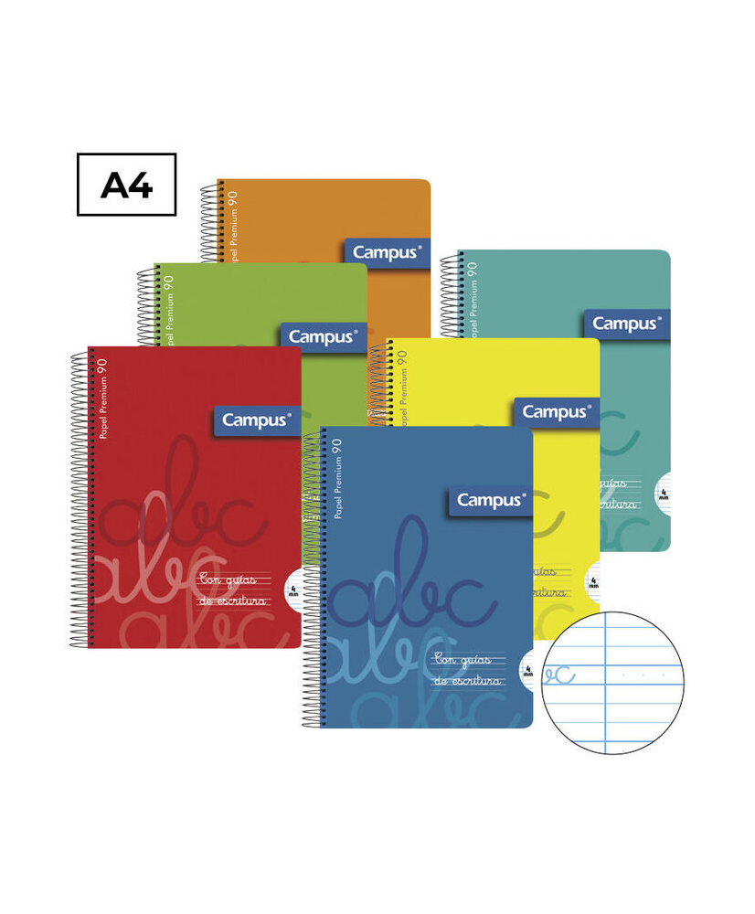 Pack de 6 Cuaderno Espiral Campus Guía de Escritura A4 Tapa Plástico 80 Hojas 90G Línea 4 mm