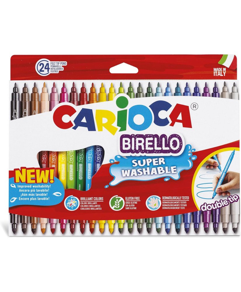 Carioca BIRELLO Caja de Rotuladores Doble Punta Superlavables, Colores Surtidos, 24 Colores, Multicolor