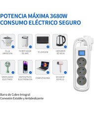 KDE Regleta alargador de 3 ,4,5,6 enchufes con Cable de 1,5 Metros e Interruptor. Color Blanco/Gris, 16A/250V/3680W