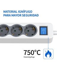 KDE Regleta alargador de 3 ,4,5,6 enchufes con Cable de 1,5 Metros e Interruptor. Color Blanco/Gris, 16A/250V/3680W