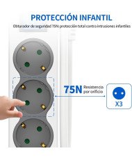 KDE Regleta alargador de 4, 5 ,6 enchufes con Cable de 3 Metros e Interruptor. Color Blanco/Gris, 16A/250V/3680W