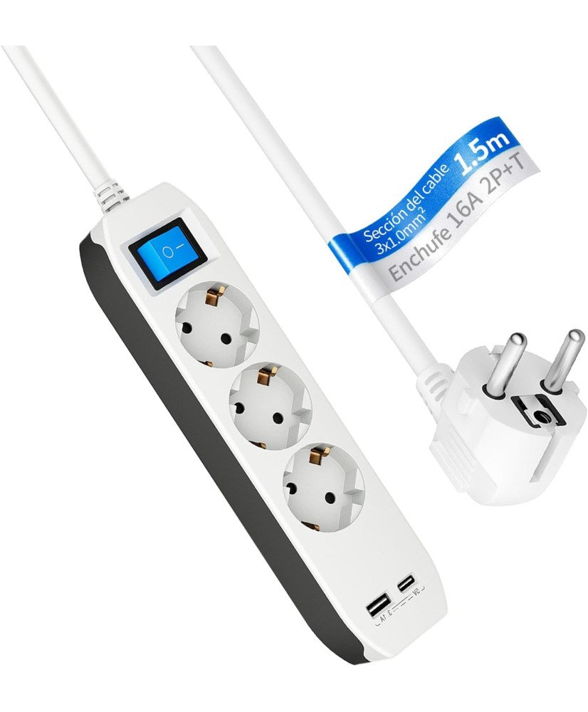 KDE Regleta Alargador Plano de 3 Enchufes con USB-C y USB-A, Ladron Enchufes con Interruptor Pared, Cable 1,5m ￼
