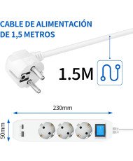 KDE Regleta Alargador Plano de 3 Enchufes con USB-C y USB-A, Ladron Enchufes con Interruptor Pared, Cable 1,5m ￼