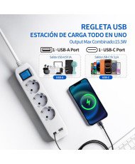KDE Regleta Alargador Plano de 3 Enchufes con USB-C y USB-A, Ladron Enchufes con Interruptor Pared, Cable 1,5m ￼