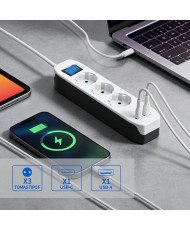 KDE Regleta Alargador Plano de 3 Enchufes con USB-C y USB-A, Ladron Enchufes con Interruptor Pared, Cable 1,5m ￼