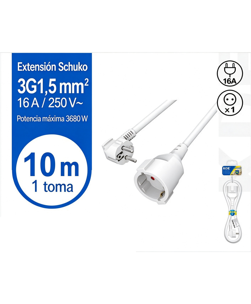 Cable Alargador de Corriente 10M, con Enchufe Protección, Potencia Máxima 3680W, 3G1,5 mm²