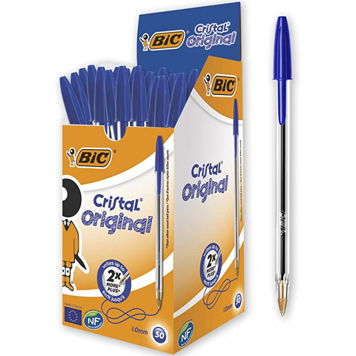BIC Cristal Bolígrafos, Original, Óptimo para material escolar,Azul Caja de 50 Bolis