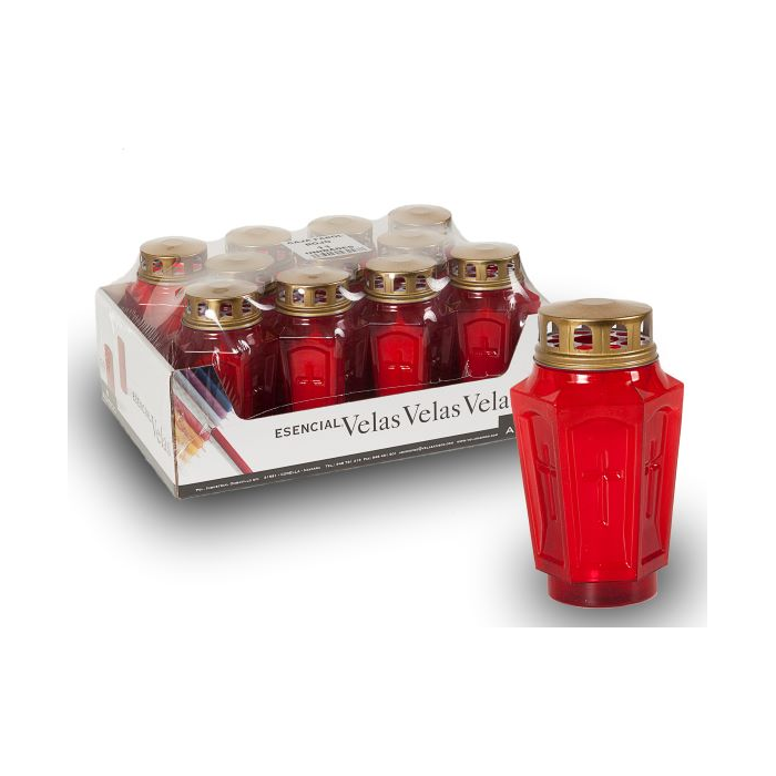 ela de Cementerio, Vela Religiosa, Vela de Iglesia, Estuche de Cruz Transparente con Tapa Dorada. Vela sin perfume.
