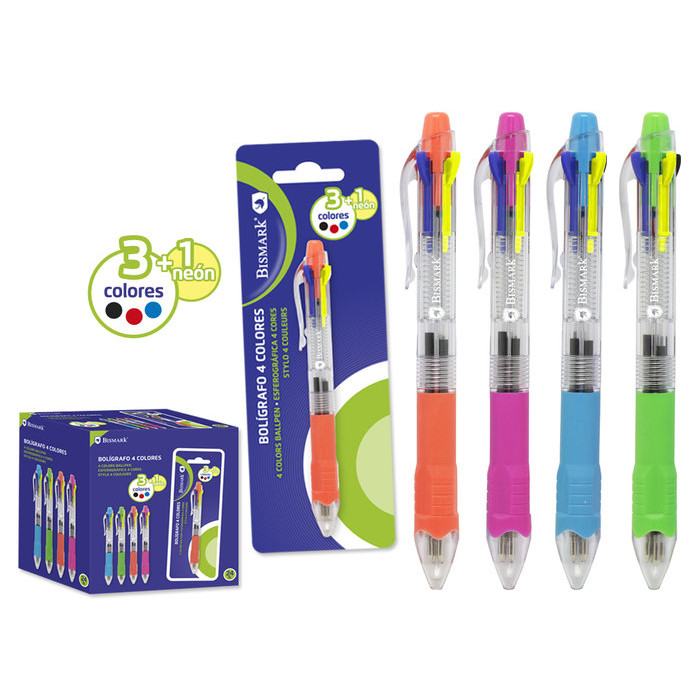 Boligrafo 3 colores + marcador amarillo neon